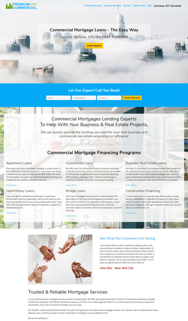 Mortgage Loan Officer Website Templates with area to showcase client testimonial