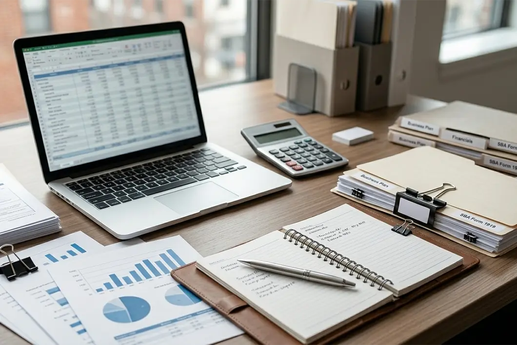 Organized SBA loan education workspace with financial guides checklists and lending resources