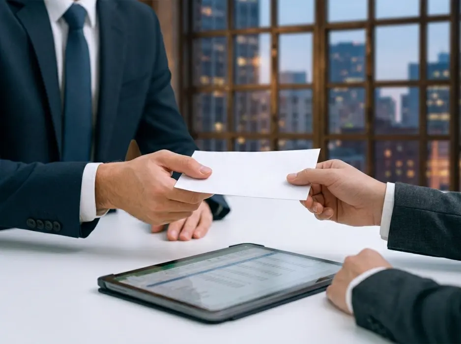 Loan Broker handing over a commitment letter to a small business owner