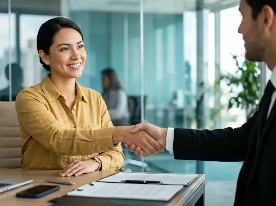 A happy small business owner shaking hands with a loan officer