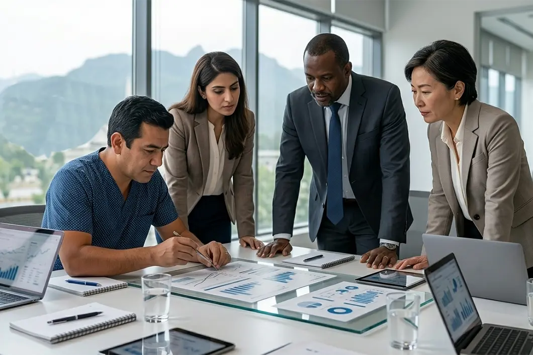 Modern professional services office with consultants collaborating around a strategy board and financial charts