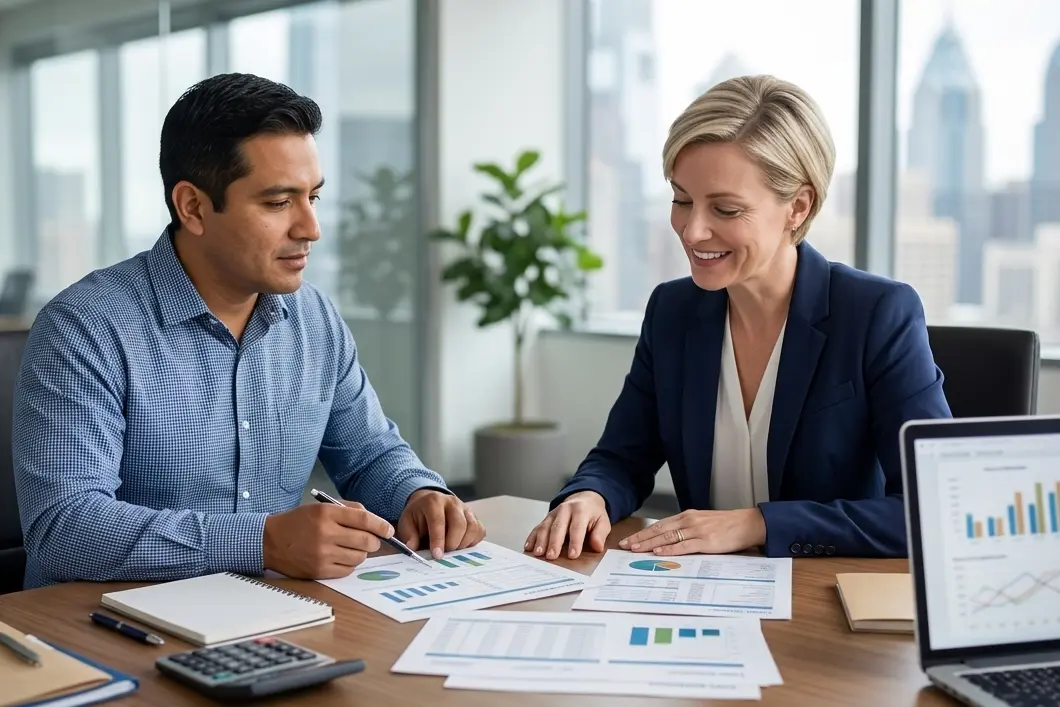 Business owner reviewing SBA loan rates fees and funding timeline with advisor in a professional office
