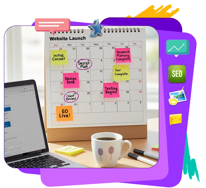 Calendar with website launch milestones and deadlines highlighted