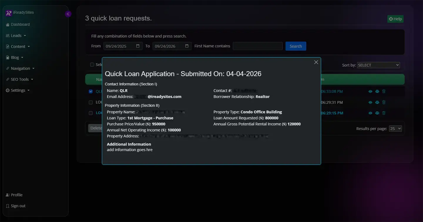 Website Management Center test inquiry detail opened for review with test data redacted