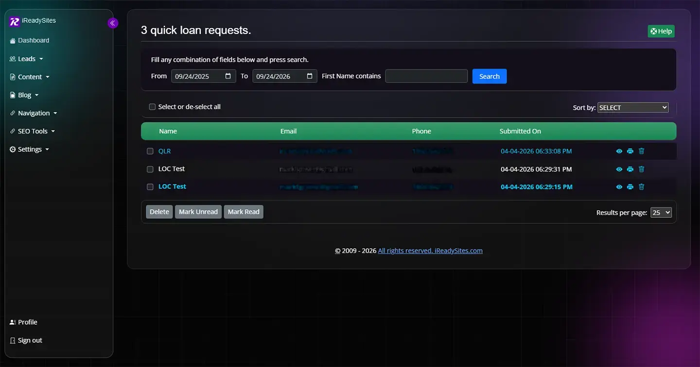 Website Management Center inquiry list filtered to test contact requests