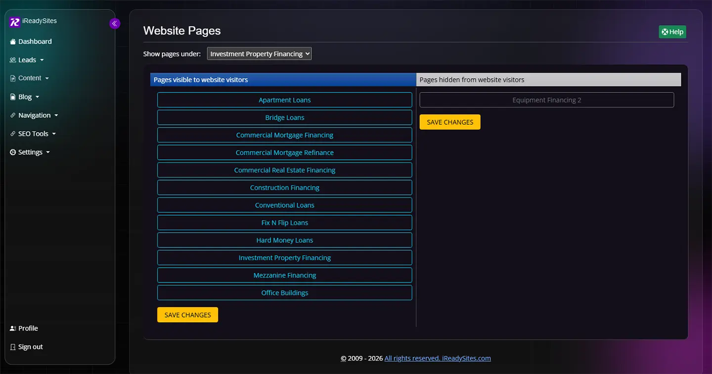 Website Management Center page-management view showing visible and hidden website pages